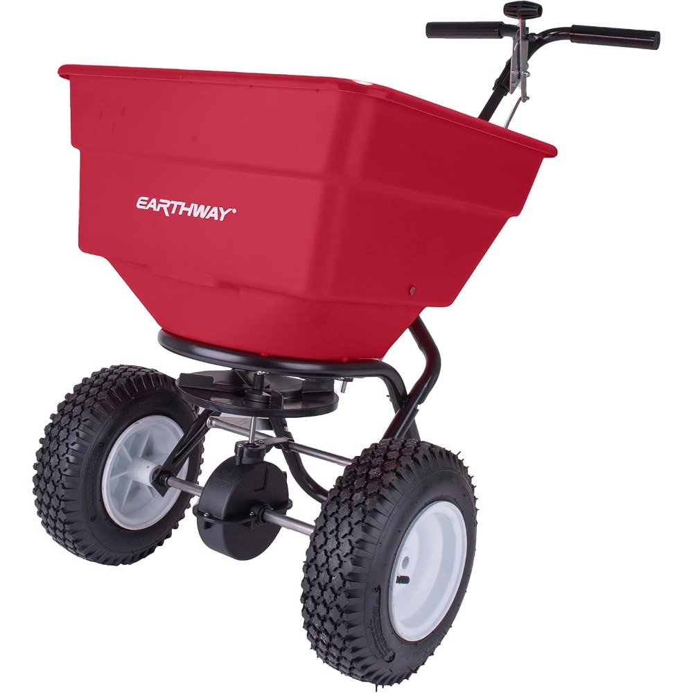 Fertilizer Spreader Walk Behind Broadcast - 2170 商用100ポンド放送用肥料散布機。 赤い、頑丈な手押し式園芸用播種機（調整可能なドリル付き）