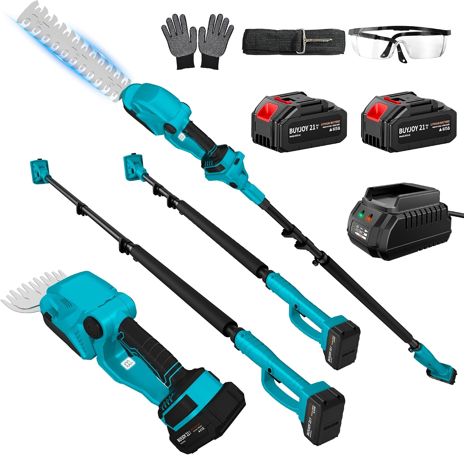 Cordless Hedge Trimmer Pole 2 In 1 - 4-in-1 ポール式ヘッジトリマー＆コードレス草刈り機、4.0Ahバッテリー2個と充電器付属、デュアルブレードデザイン、延長ツール付き