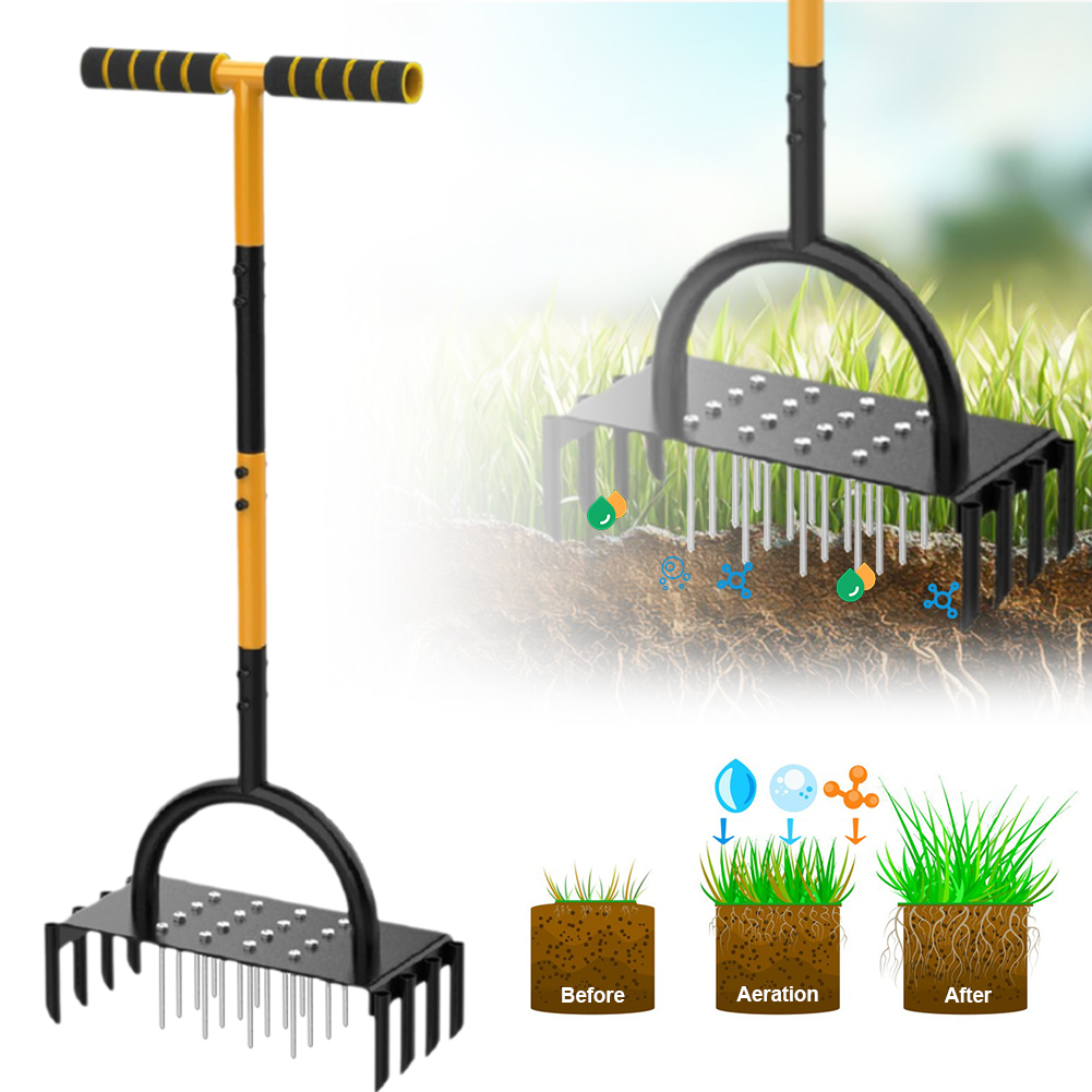 Lawn Aerator Shoes Spikes Heavy Duty - 2-in-1手動式ヘビーデューティーグラススパイクエアレーター96cm T型ハンドル付きグラススパイクエアレーション（16本のスパイク、8つのコア）芝生、庭、ガーデン用