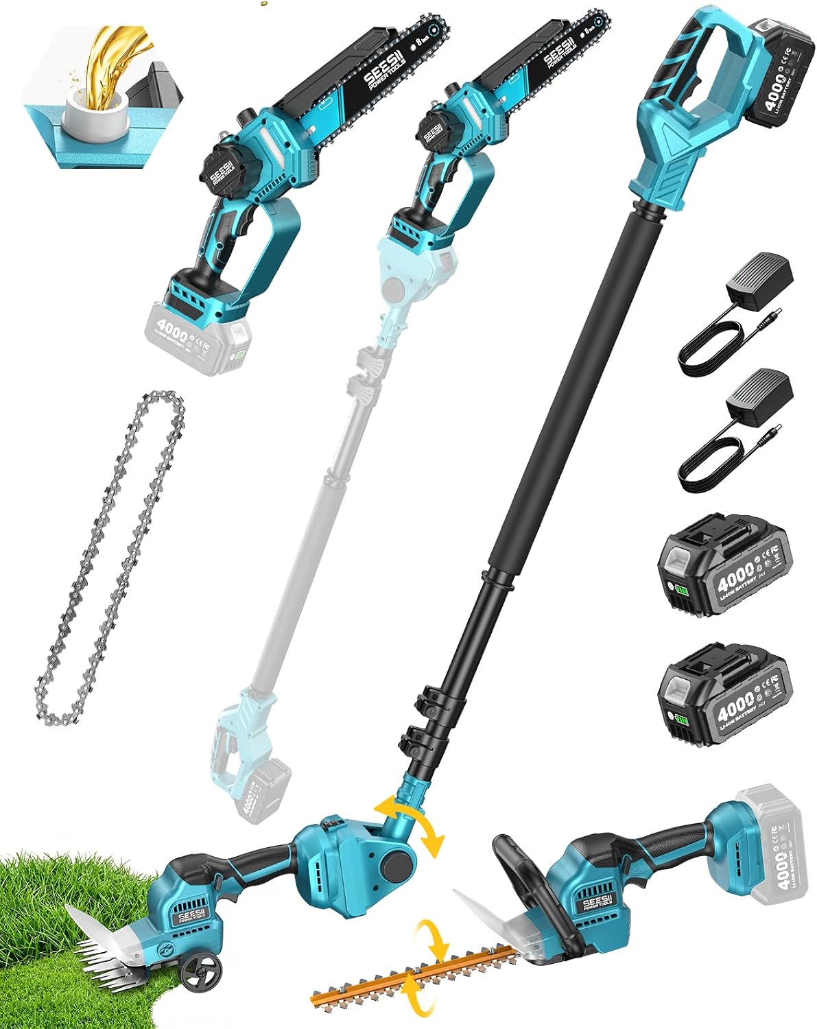 Cordless Hedge Trimmer Pole 2 In 1 - 6-in-1 コードレスポールソー＆ヘッジトリマー コンボ（4000mAhバッテリー2個付属）