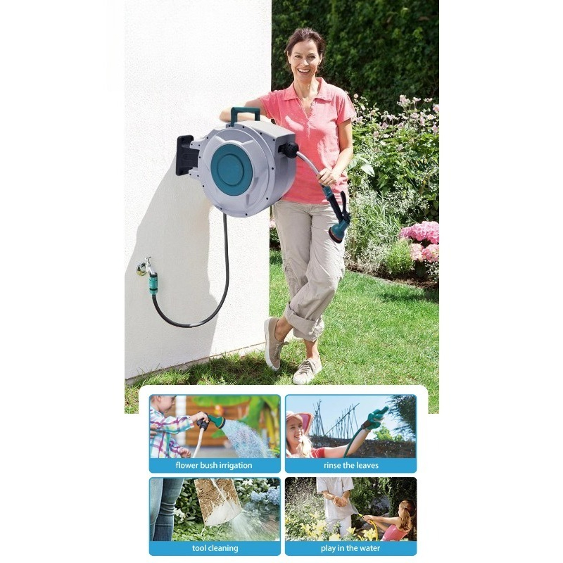 Garden Hose Reel Automatic Retractable 30M - ガーデン散水自動巻き取り式ホースリール 20M/30M/40M 壁掛け式ガーデンホースリール 自動ロックとゆっくり引き戻し機能付き