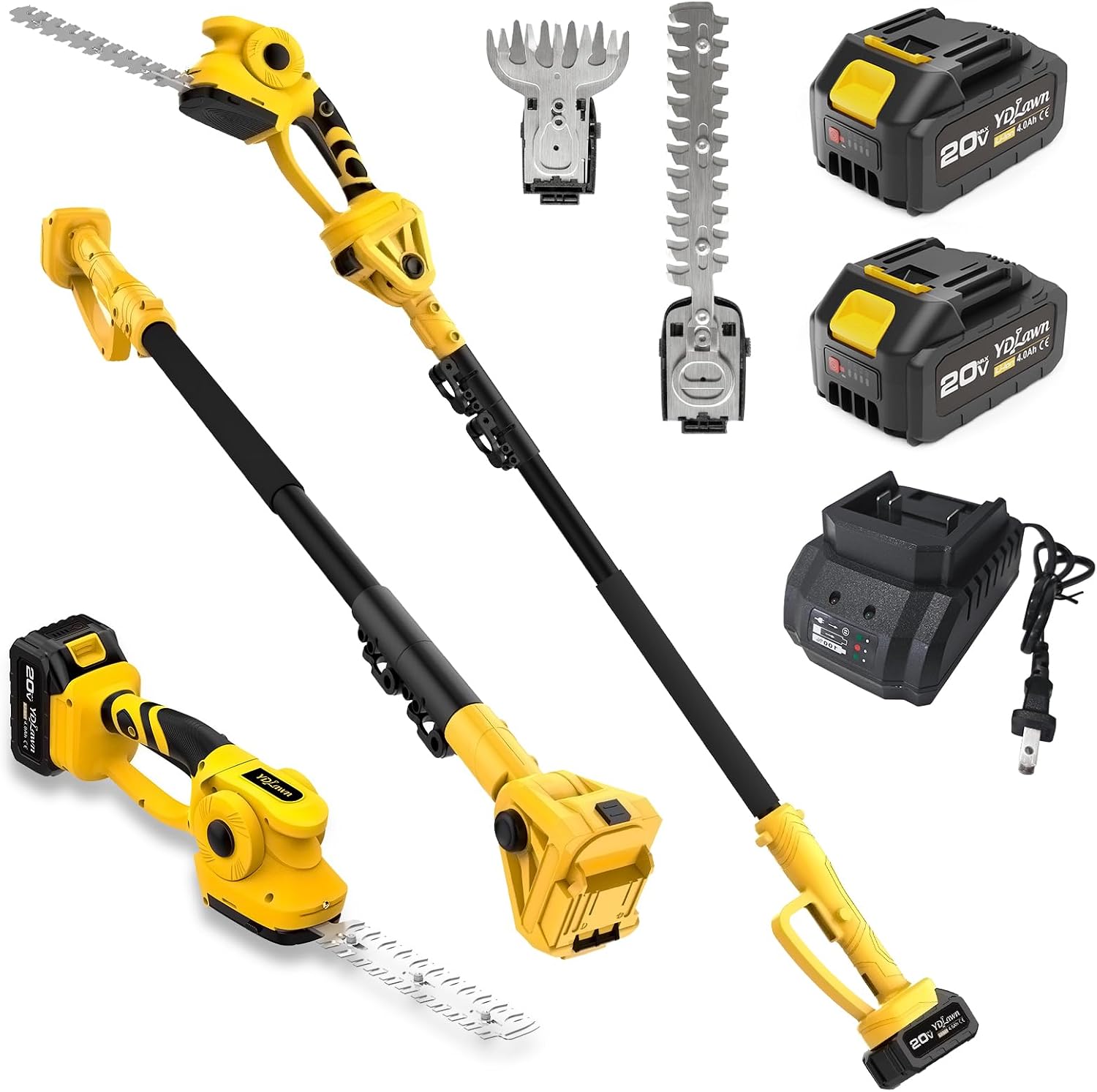 Cordless Hedge Trimmer Pole 2 In 1 - 20V コードレス 2-in-1 ポール式生垣剪定機＆草刈り機、最大14フィートの作業範囲、4Ahバッテリー2個付属