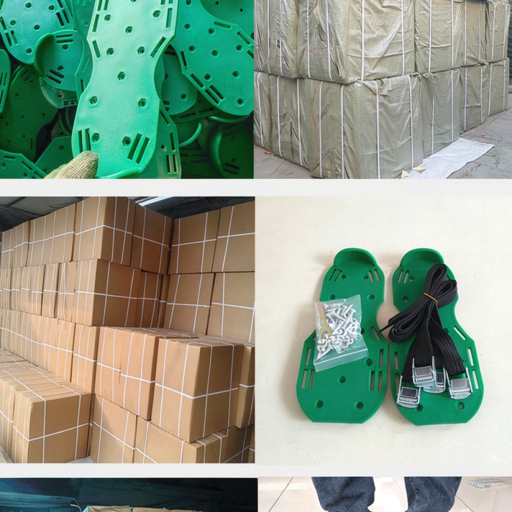 Lawn Aerator Shoes Spikes Heavy Duty - 頑丈なガーデンエアレーターシューズ。芝生の手入れや造園作業に最適なスパイク付き。エポキシ樹脂塗料の床や砂地での使用に適した、緑色のサンダル。