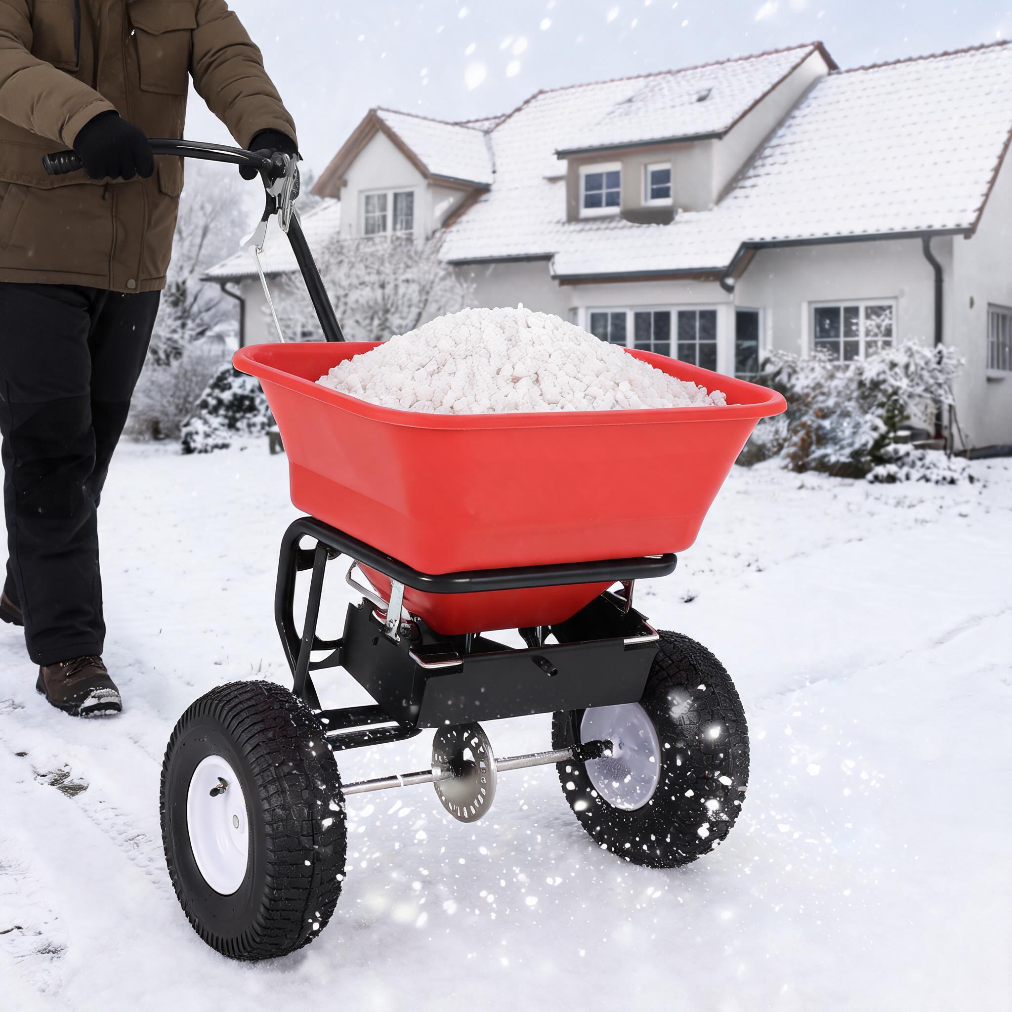 Fertilizer Spreader Walk Behind Broadcast - 45L大容量、重作業用播種機。種子、肥料、融雪剤の散布に。全地形対応のゴムタイヤを装備し、手押し式。電流調整機能付き。組み立て済み。