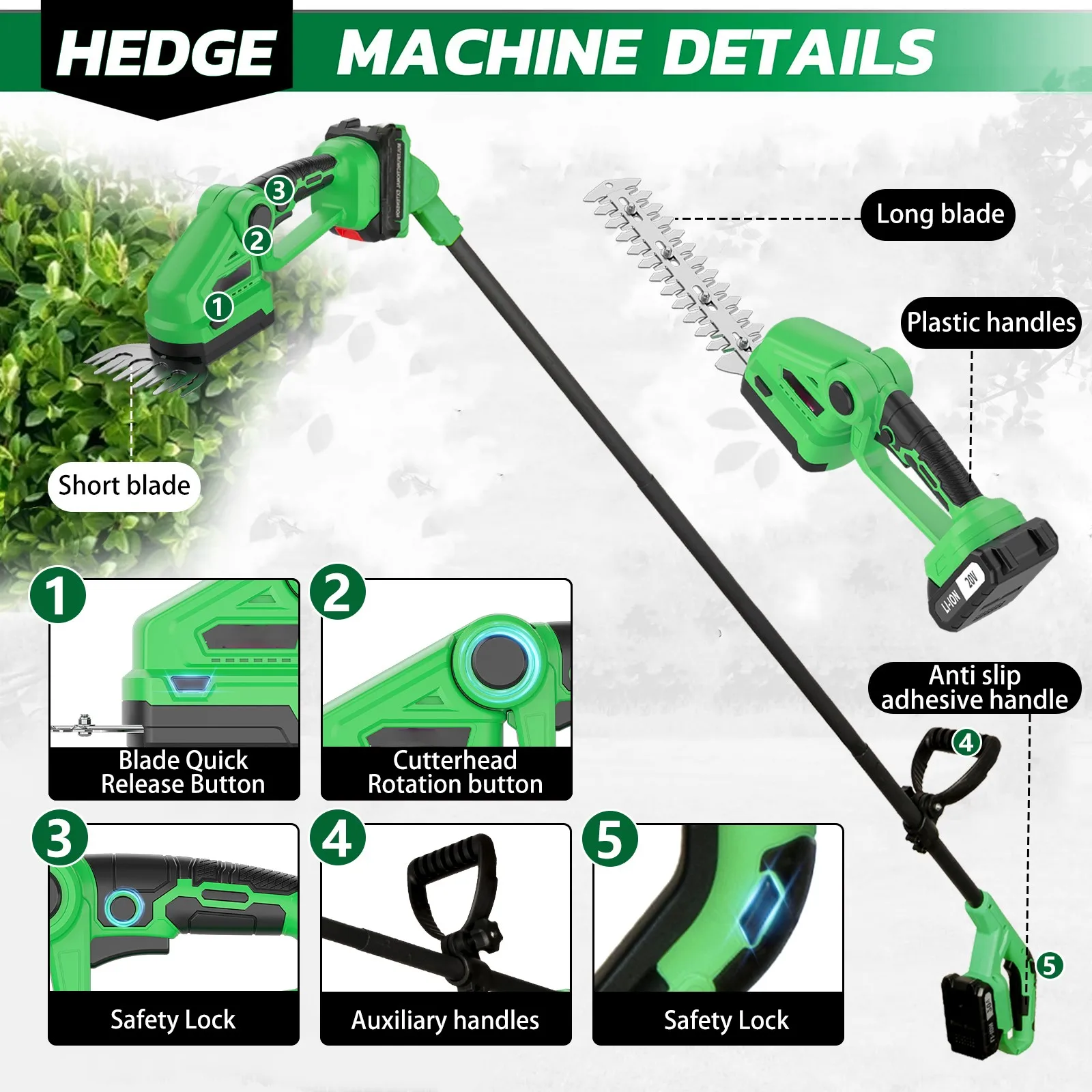 20Vコードレスヘッジトリマー、ロングポール付き、2-in- - Cordless Hedge Trimmer Pole 2 In 1 のレビューと価格