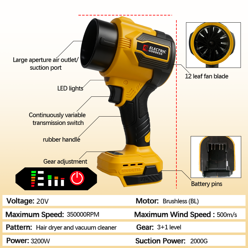 3200W電動ターボブロワー、3段階調整、ブラシレスコードレ - Cordless Leaf Blower Brushless 20V のレビューと価格