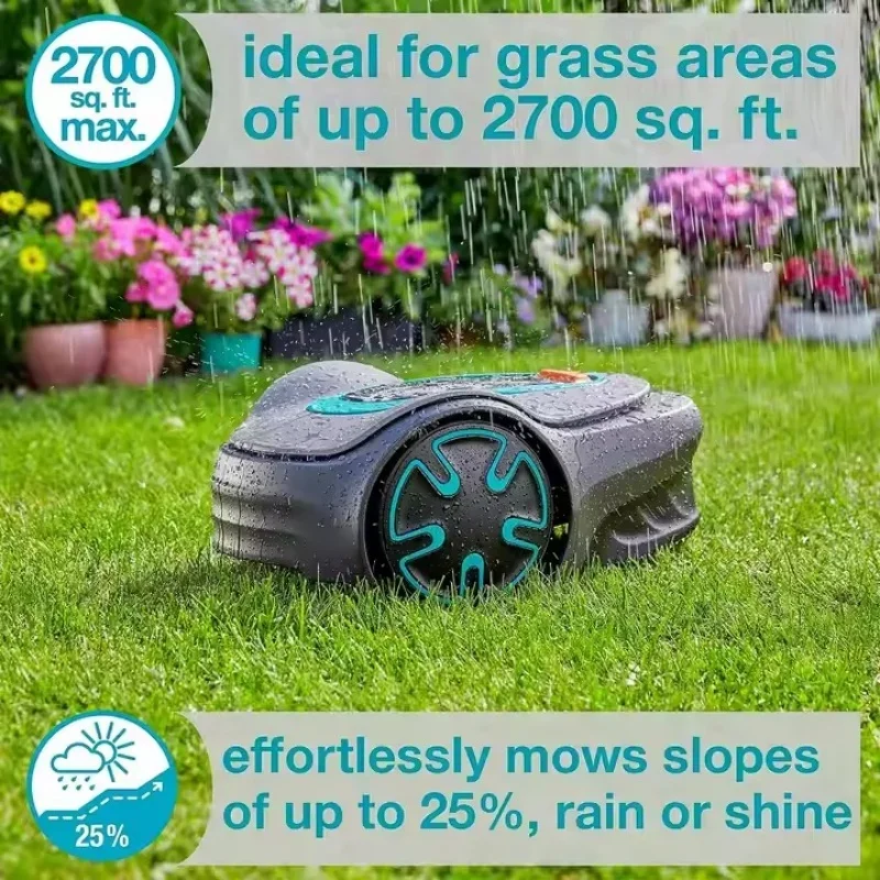 グレーの自動芝刈り機、スマートロボット式家庭用芝刈り機、アプ - Smart Automatic Lawn Mower App のレビューと価格