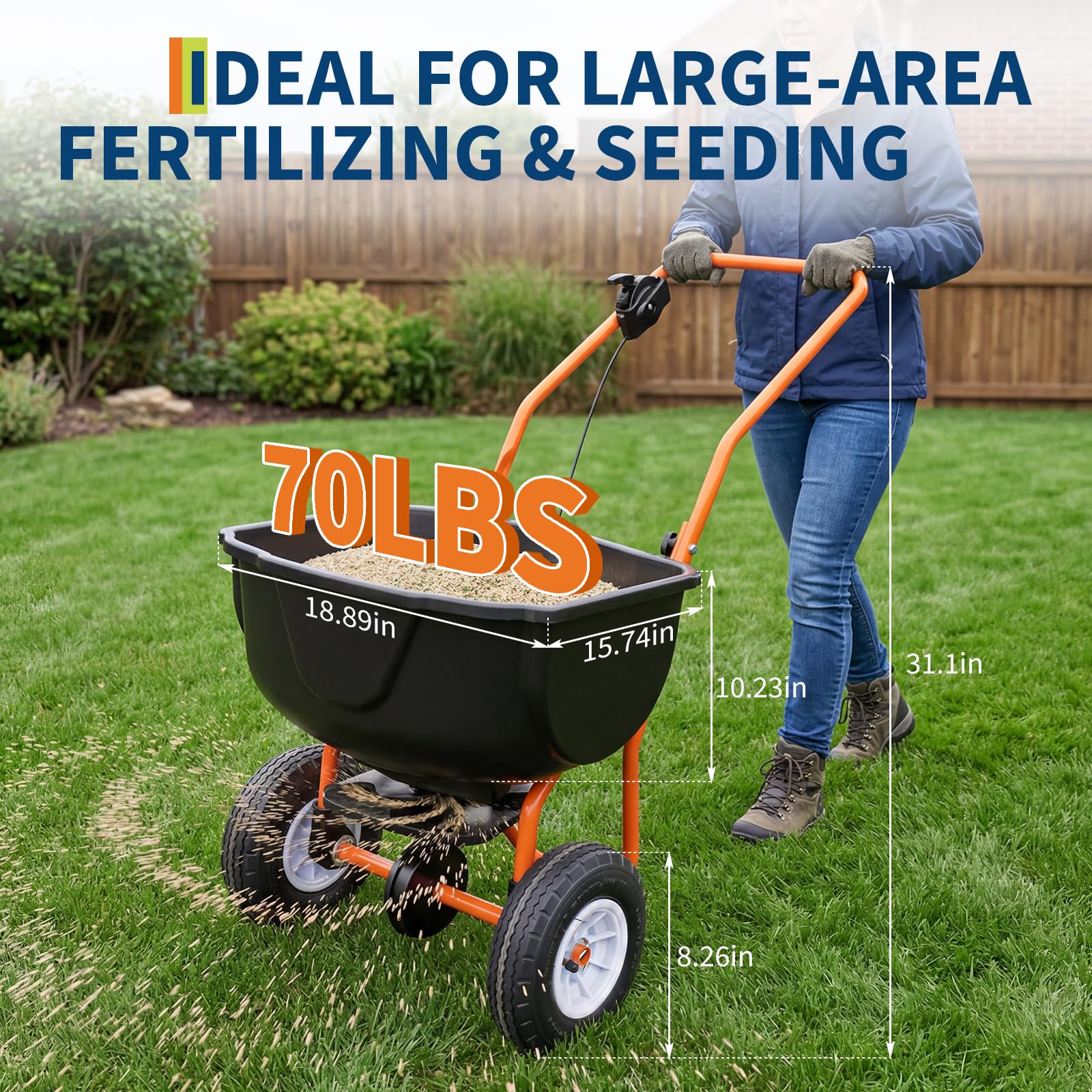 肥料・種子散布用70LB歩行型スプレッダー – 高耐久スチー - Fertilizer Spreader Walk Behind Broadcast のレビューと価格