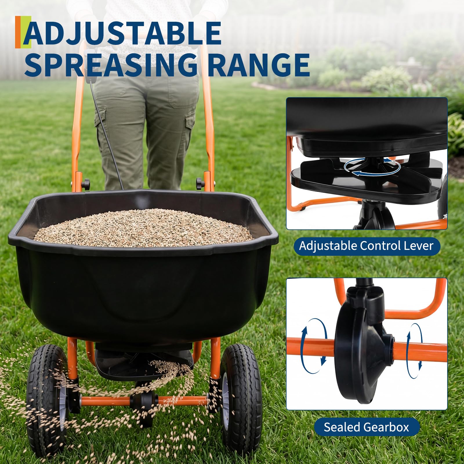 肥料・種子散布用70LB歩行型スプレッダー – 高耐久スチー - Fertilizer Spreader Walk Behind Broadcast のレビューと価格